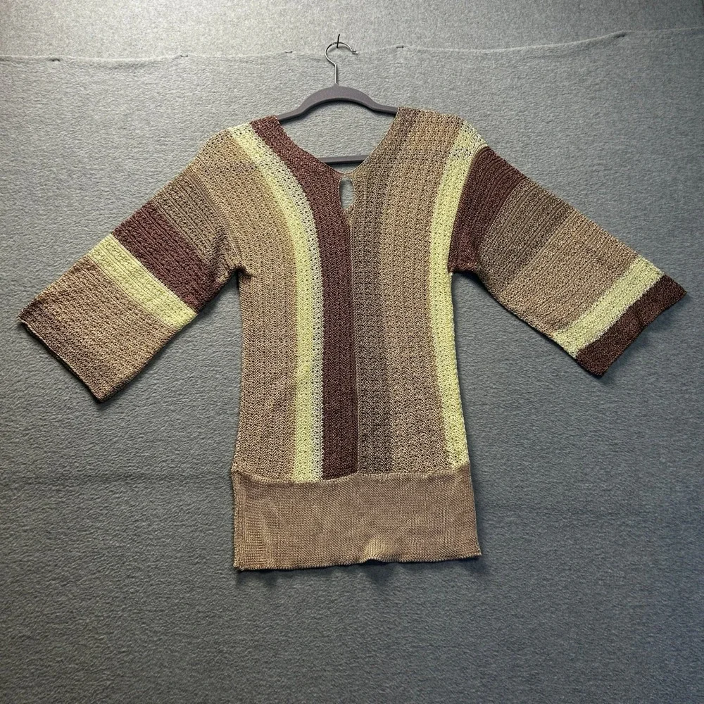 Say What Open Knit Sweater Womens Medium‎ Brown Stripe Bell Sleeve Boho Crochet